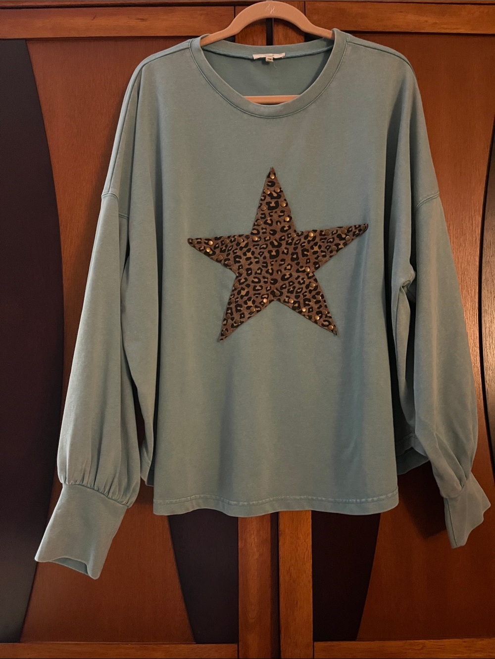 Easel Relaxed Aqua Top w/Leopard  Star Appliqué w/Brasstone Studs & Long-Sleeves